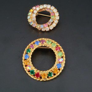 Sparkly Rhinestone Round Circle Brooches Pins Lot of 2 Gold Tone Multicolor